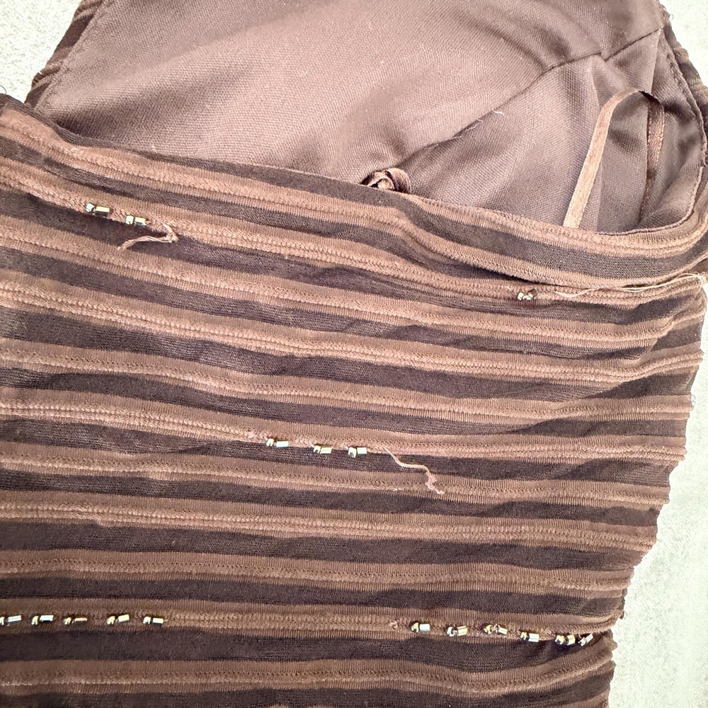 VTG Y2K Cache Top 8 Brown Beaded Halter Camisole Ottoman Stripe Party Blouse - Picture 11 of 16